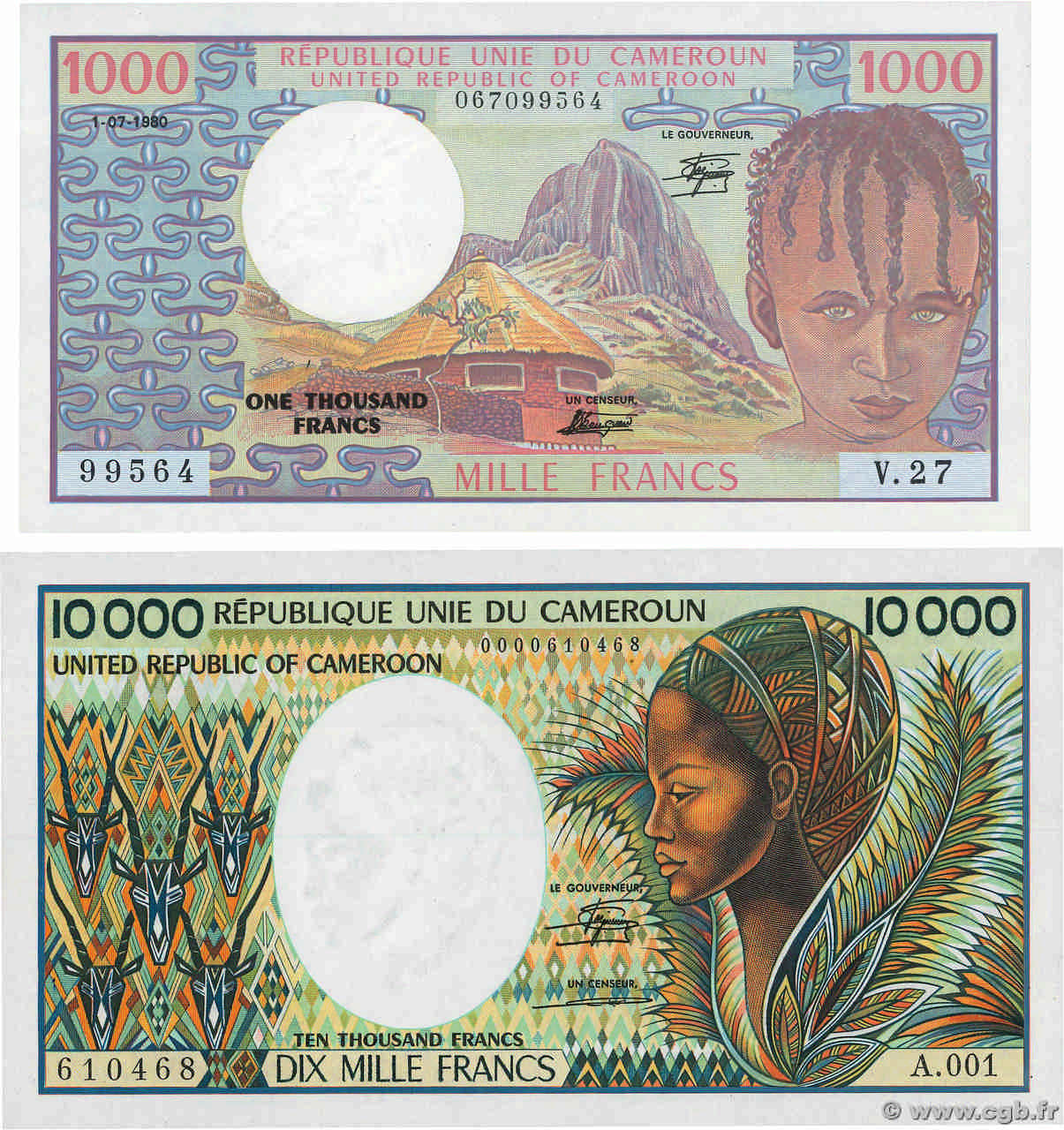 1000 et 10000 Francs Lot CAMEROON  1980 P.16c et P.20 UNC-
