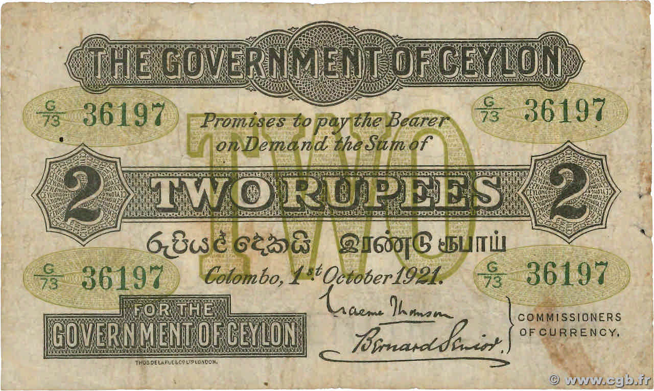 2 Rupees CEYLON  1921 P.018 VG