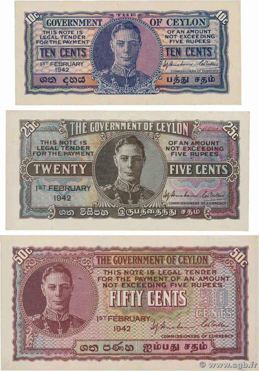 10, 25 et 50 Cents Lot CEILáN  1942 P.043a, P.044a et P.045a SC+