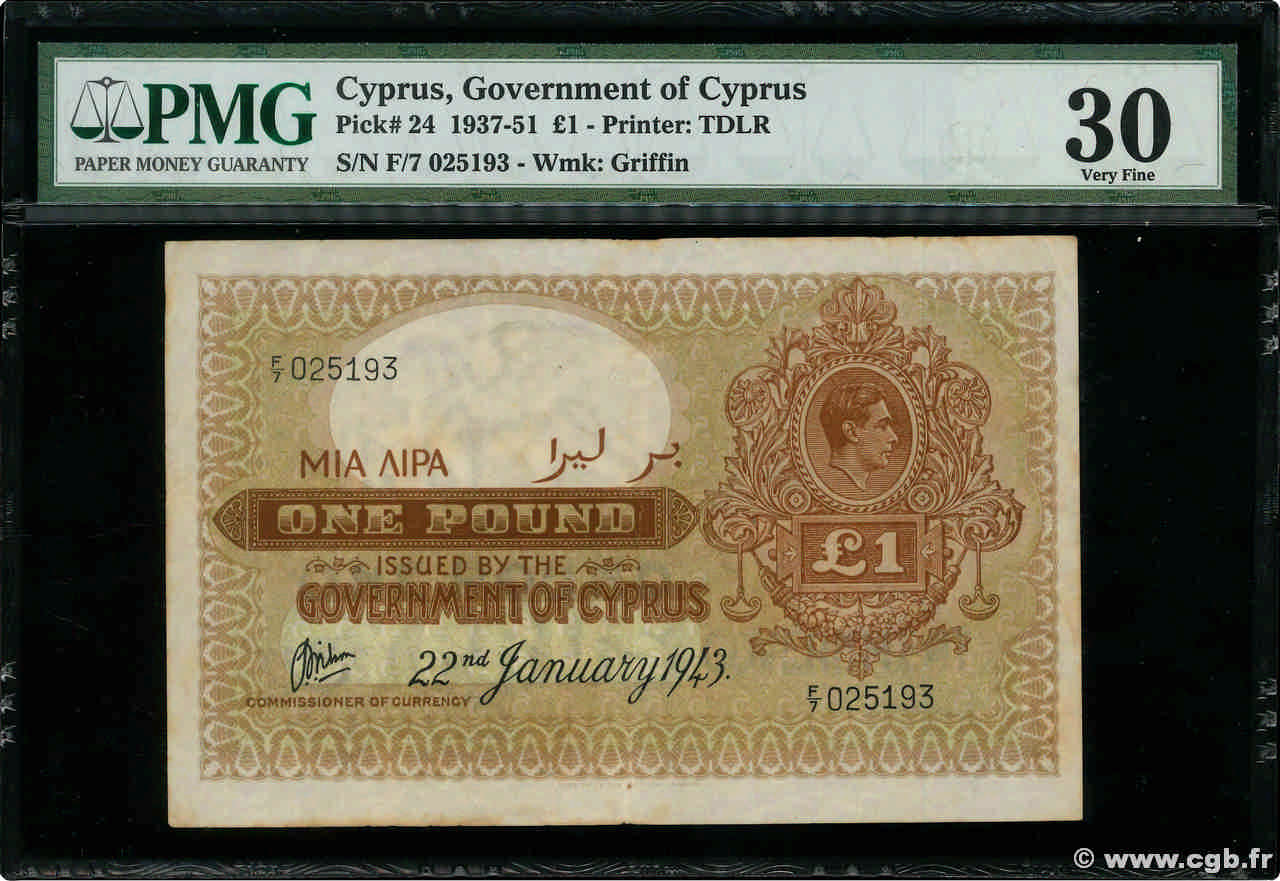 1 Pound CYPRUS  1943 P.24 VF