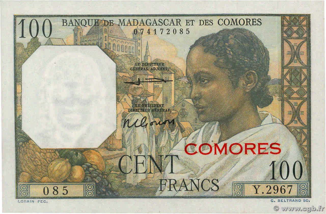 100 Francs COMORE  1963 P.03b2 AU+
