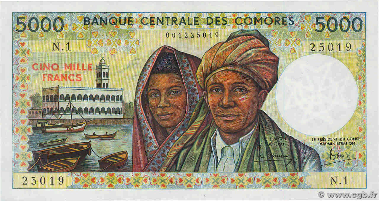 5000 Francs KOMOREN  1986 P.12a fST+