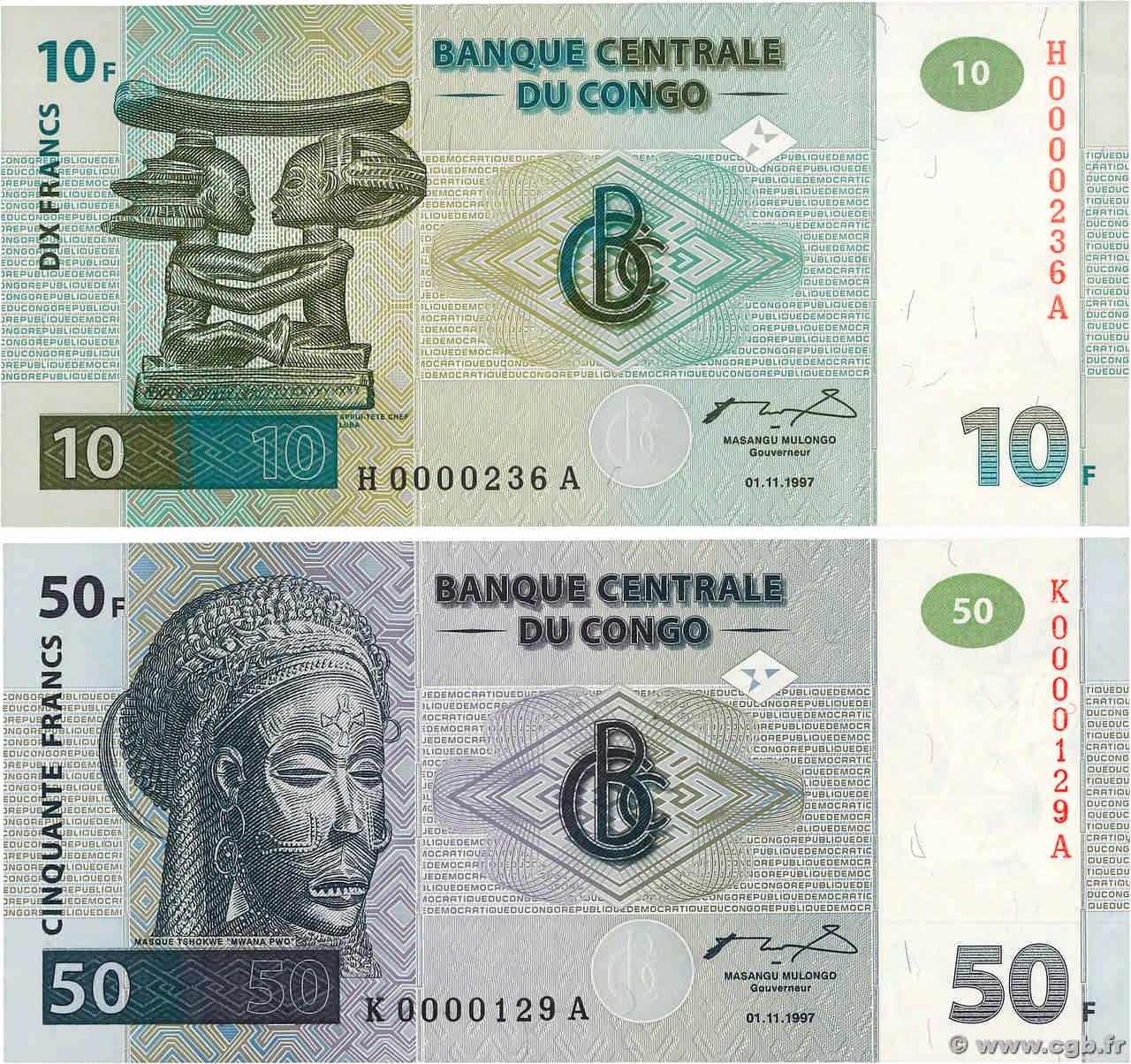 10 Francs Petit numéro CONGO, DEMOCRATIQUE REPUBLIC  1997 P.087a et P.089a UNC-