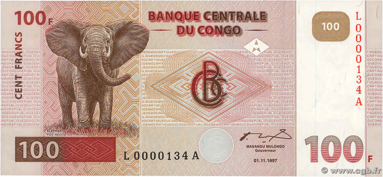 100 Francs Petit numéro RÉPUBLIQUE DÉMOCRATIQUE DU CONGO  1997 P.090a pr.NEUF