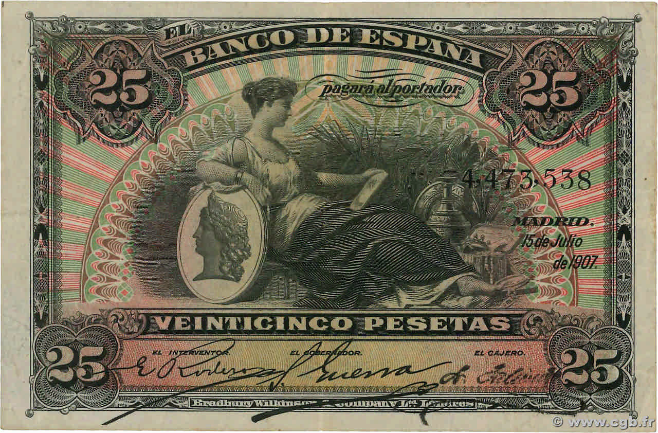 25 Pesetas SPAIN  1907 P.062a F+