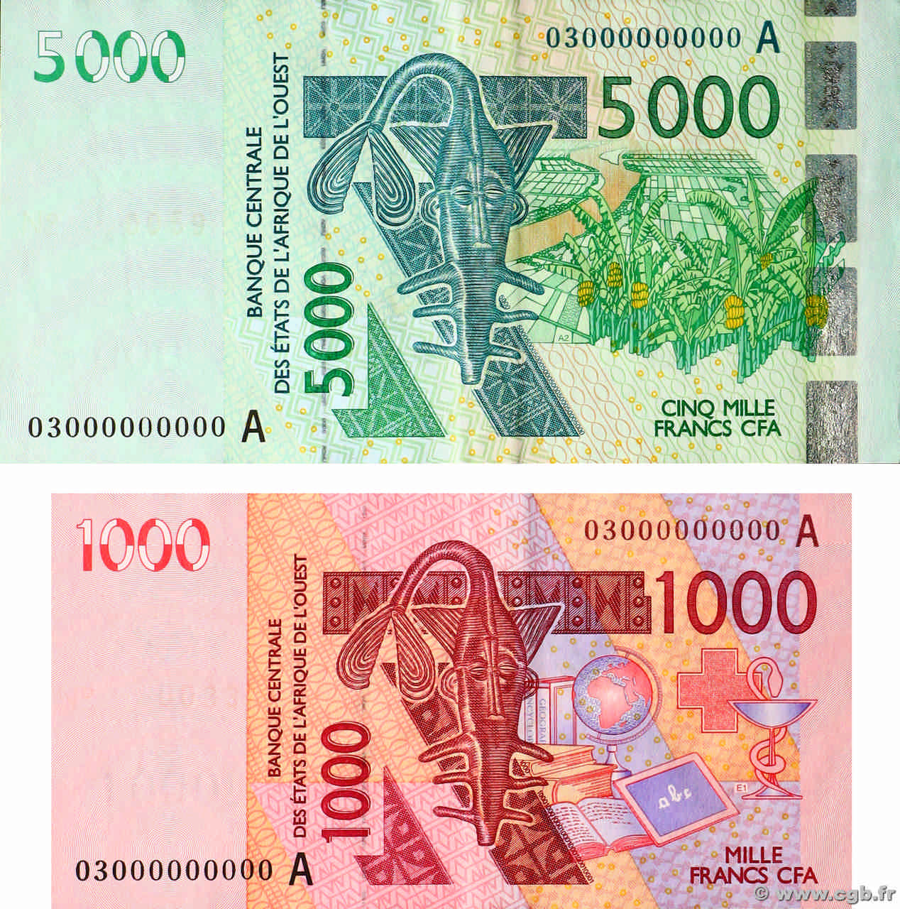 1000 et 5000 Francs Spécimen WEST AFRICAN STATES  2003 P.115As et P.117As AU+
