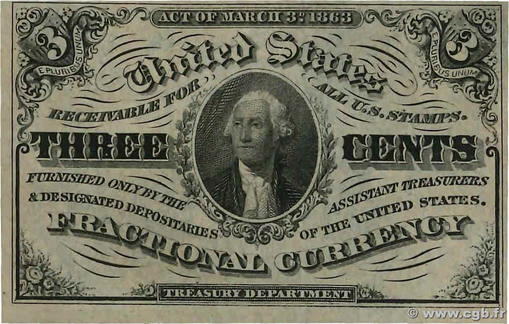 3 Cents UNITED STATES OF AMERICA  1863 P.105b UNC-