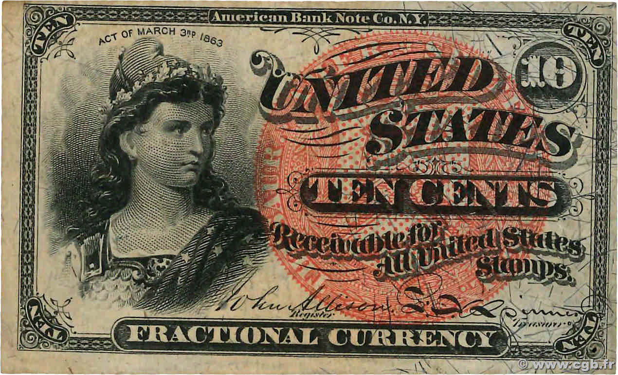 10 Cents ÉTATS-UNIS D AMÉRIQUE  1863 P.115d pr.SUP