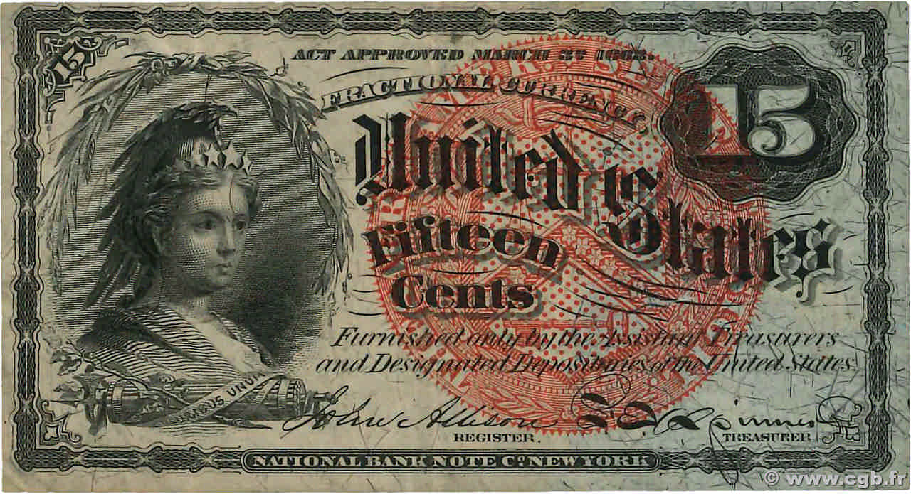 15 Cents ÉTATS-UNIS D AMÉRIQUE  1863 P.116c TTB+