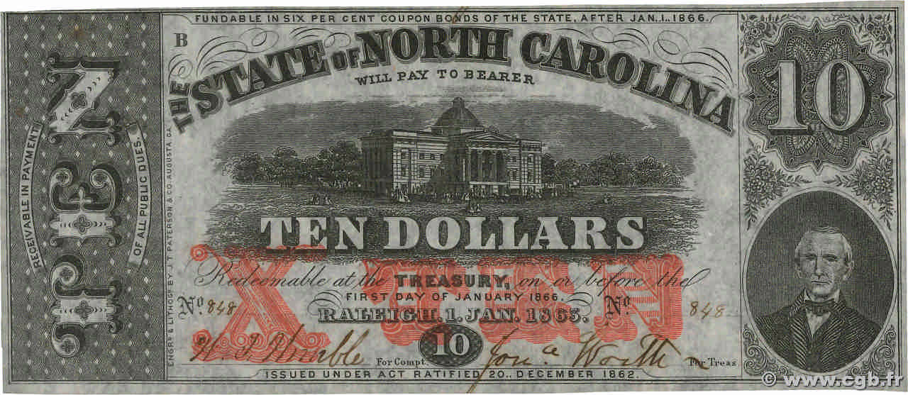 10 Dollars UNITED STATES OF AMERICA Raleigh 1863 PS.2370 XF+