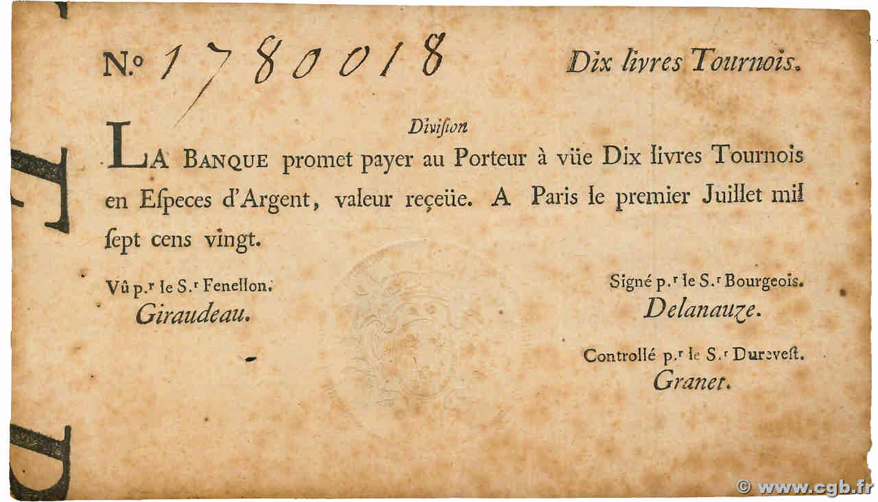 10 Livres Tournois typographié FRANCIA  1720 Dor.22 BB