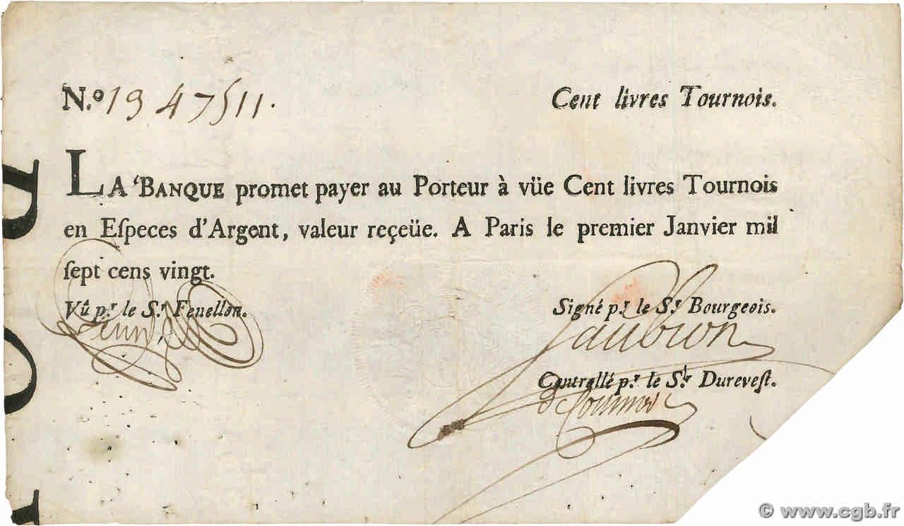 100 Livres Tournois typographié FRANCE  1720 Dor.26 VF