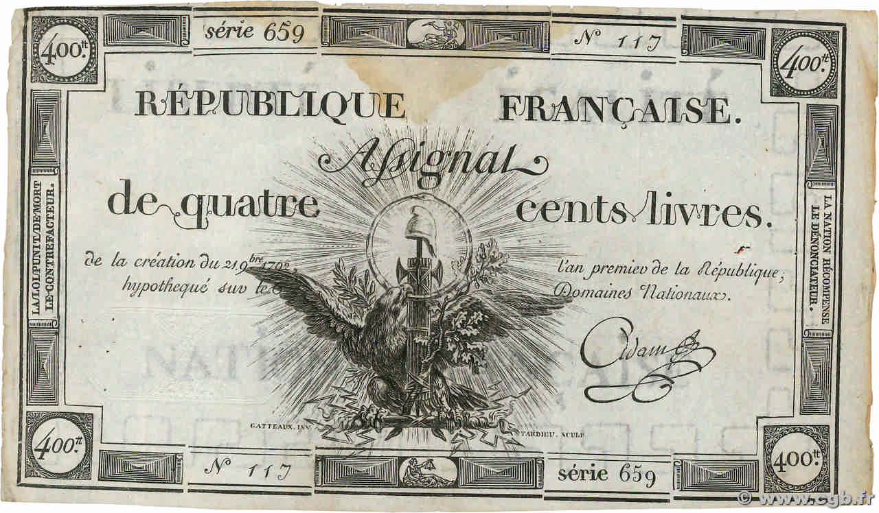 400 Livres FRANCIA  1792 Ass.38a MBC