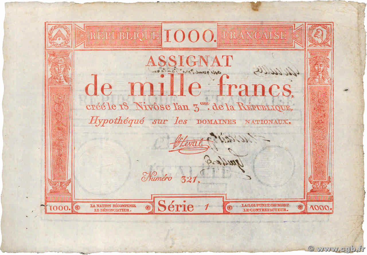 1000 Francs Vérificateur FRANCE  1795 Ass.50v TTB
