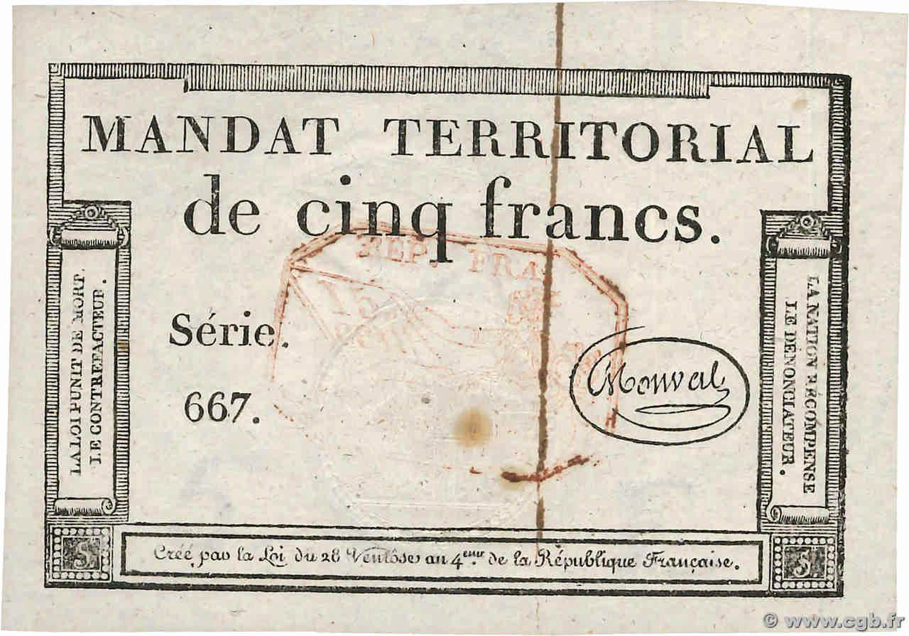 5 Francs Monval cachet rouge FRANCIA  1796 Ass.63c SPL