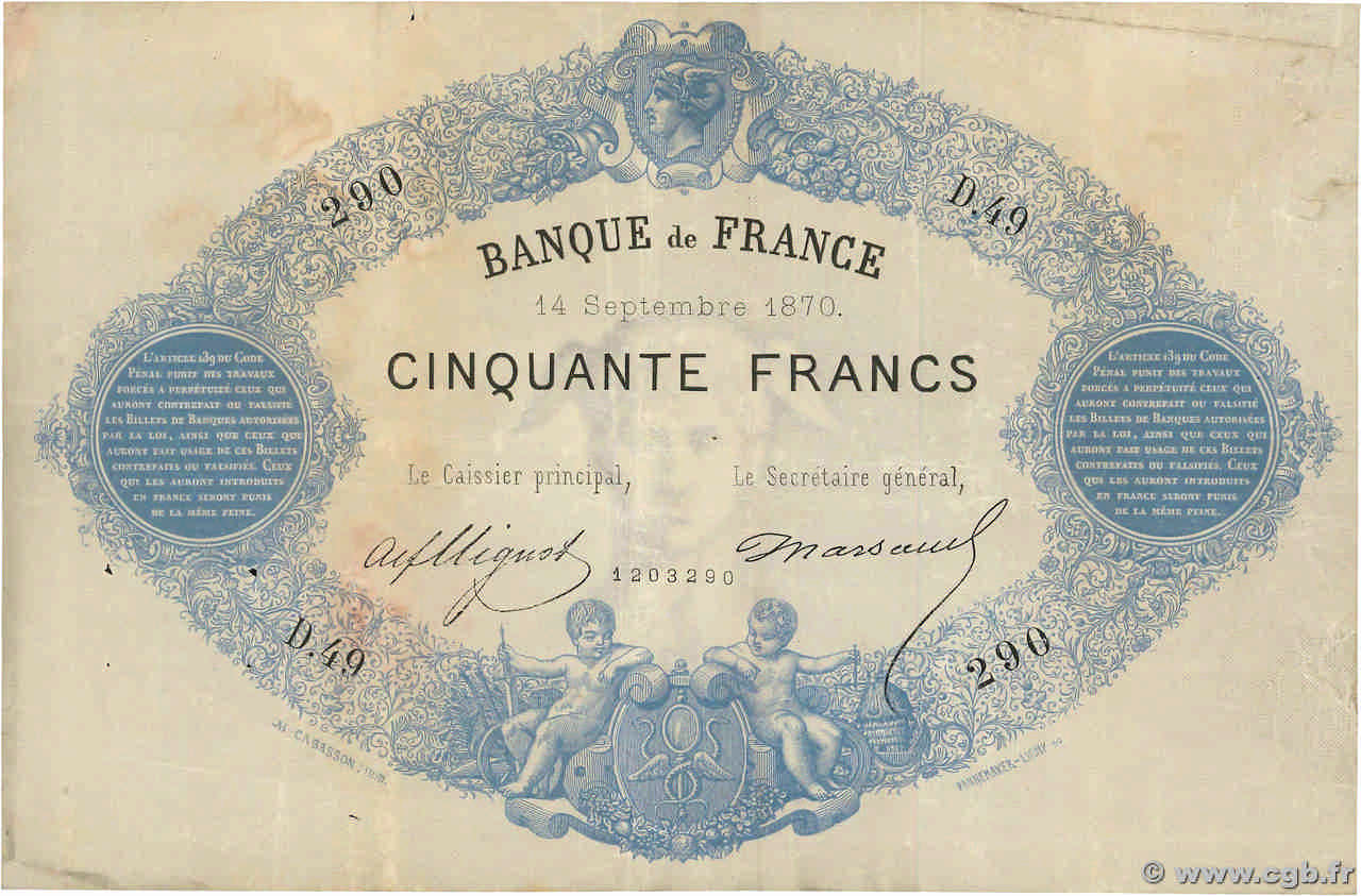 50 Francs type 1868 Indices Noirs FRANCIA  1870 F.A38.04 BB