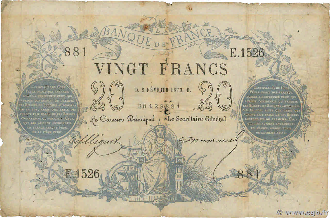 20 Francs type 1871 FRANCIA  1873 F.A46.04 q.B