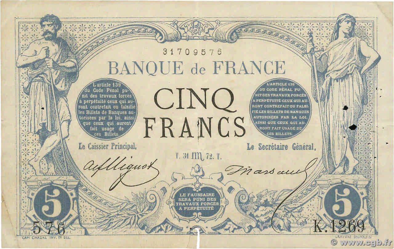 5 Francs NOIR FRANCE  1872 F.01.11 F