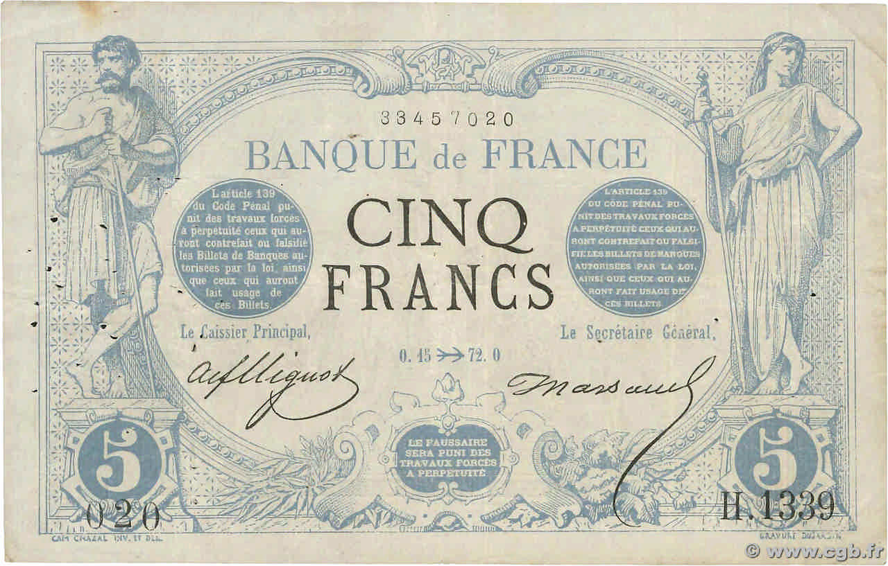 5 Francs NOIR FRANCE  1872 F.01.12 F+