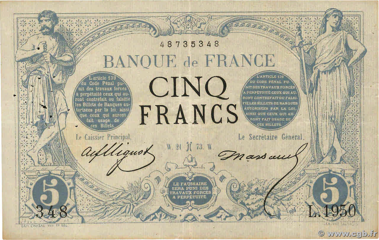 5 Francs NOIR FRANCE  1873 F.01.15 VF-