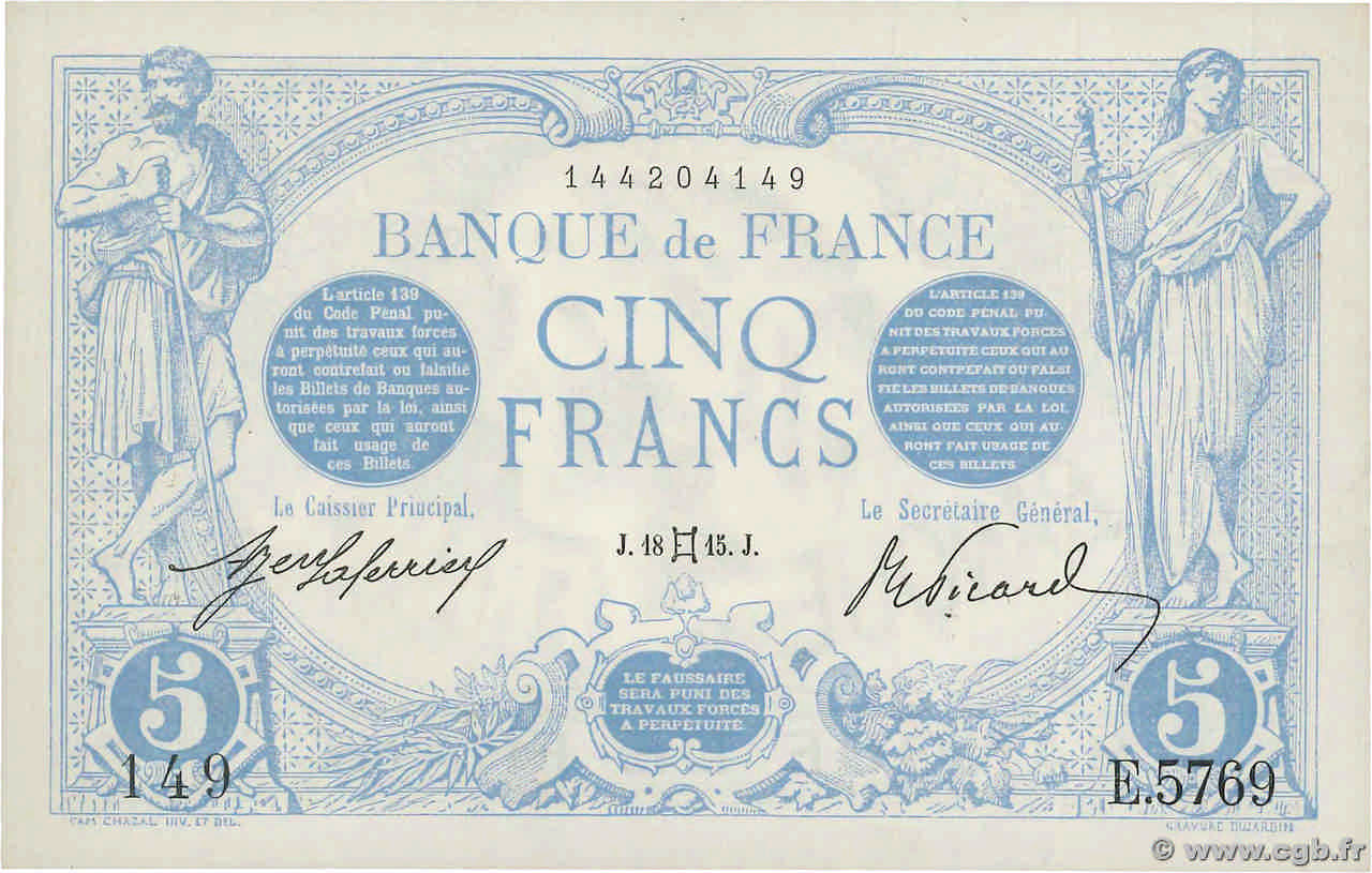 5 Francs BLEU FRANKREICH  1915 F.02.27 fST