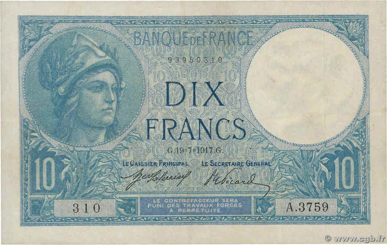 10 Francs MINERVE FRANKREICH  1917 F.06.02 fVZ