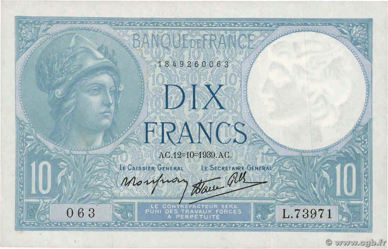 10 Francs MINERVE modifié FRANCE  1939 F.07.11 UNC-