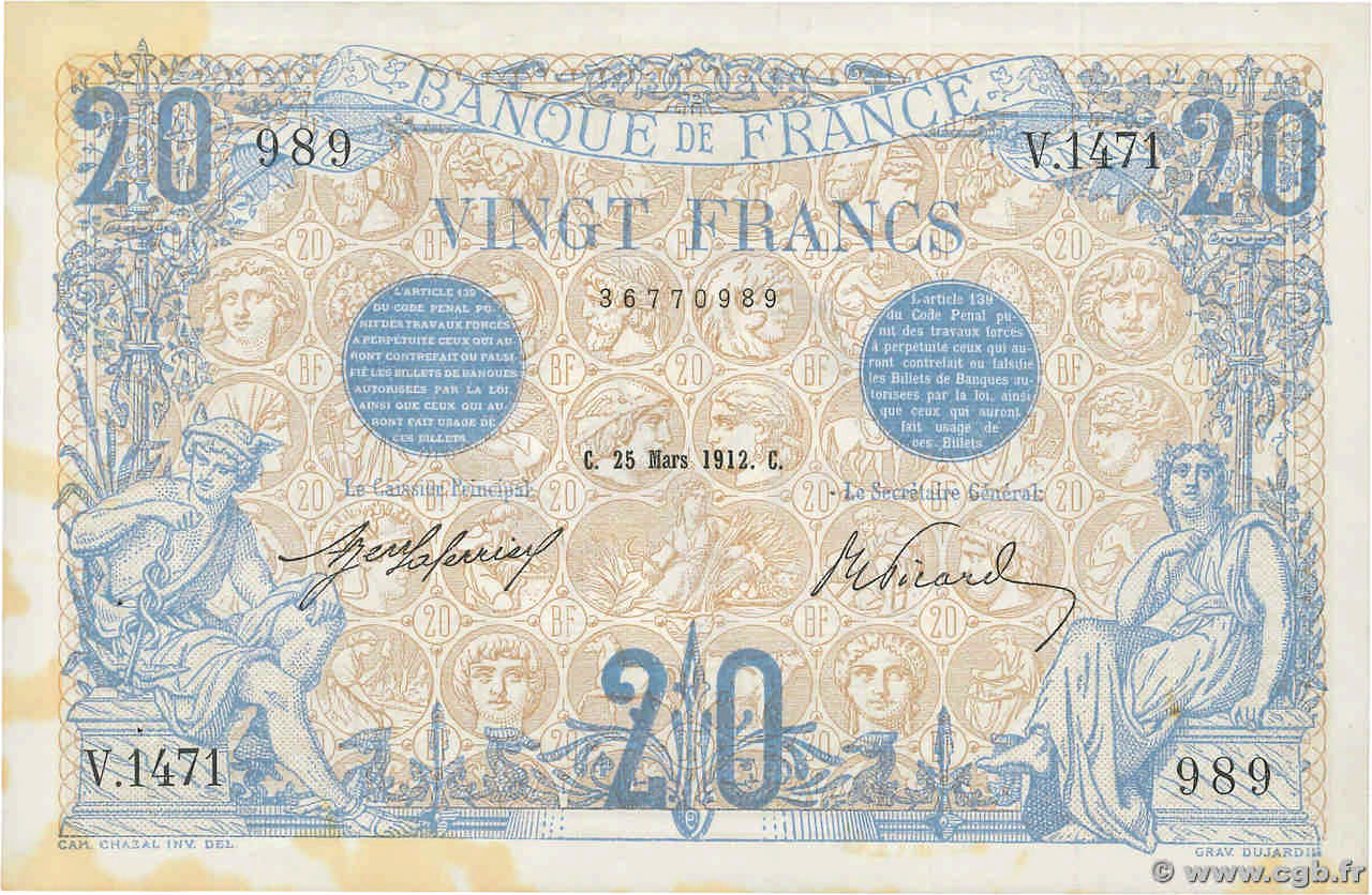 20 Francs BLEU FRANCIA  1912 F.10.02 EBC