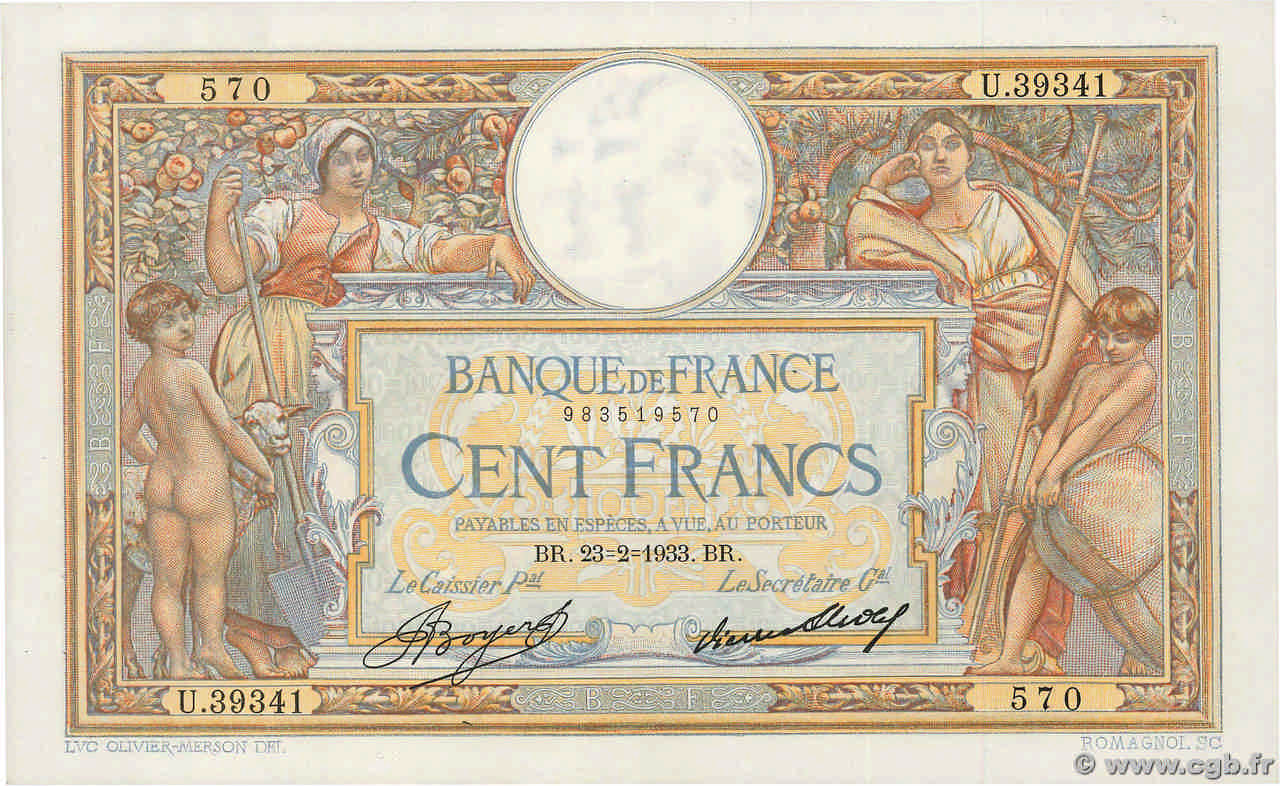 100 Francs LUC OLIVIER MERSON grands cartouches FRANCIA  1933 F.24.12 SPL+