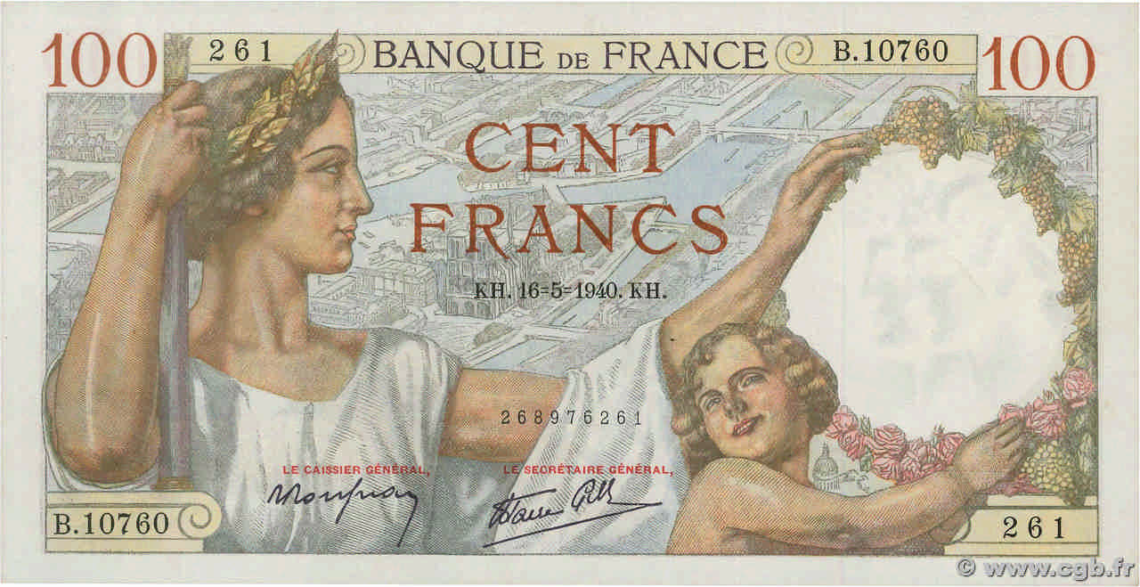 100 Francs SULLY FRANKREICH  1940 F.26.29 fST+