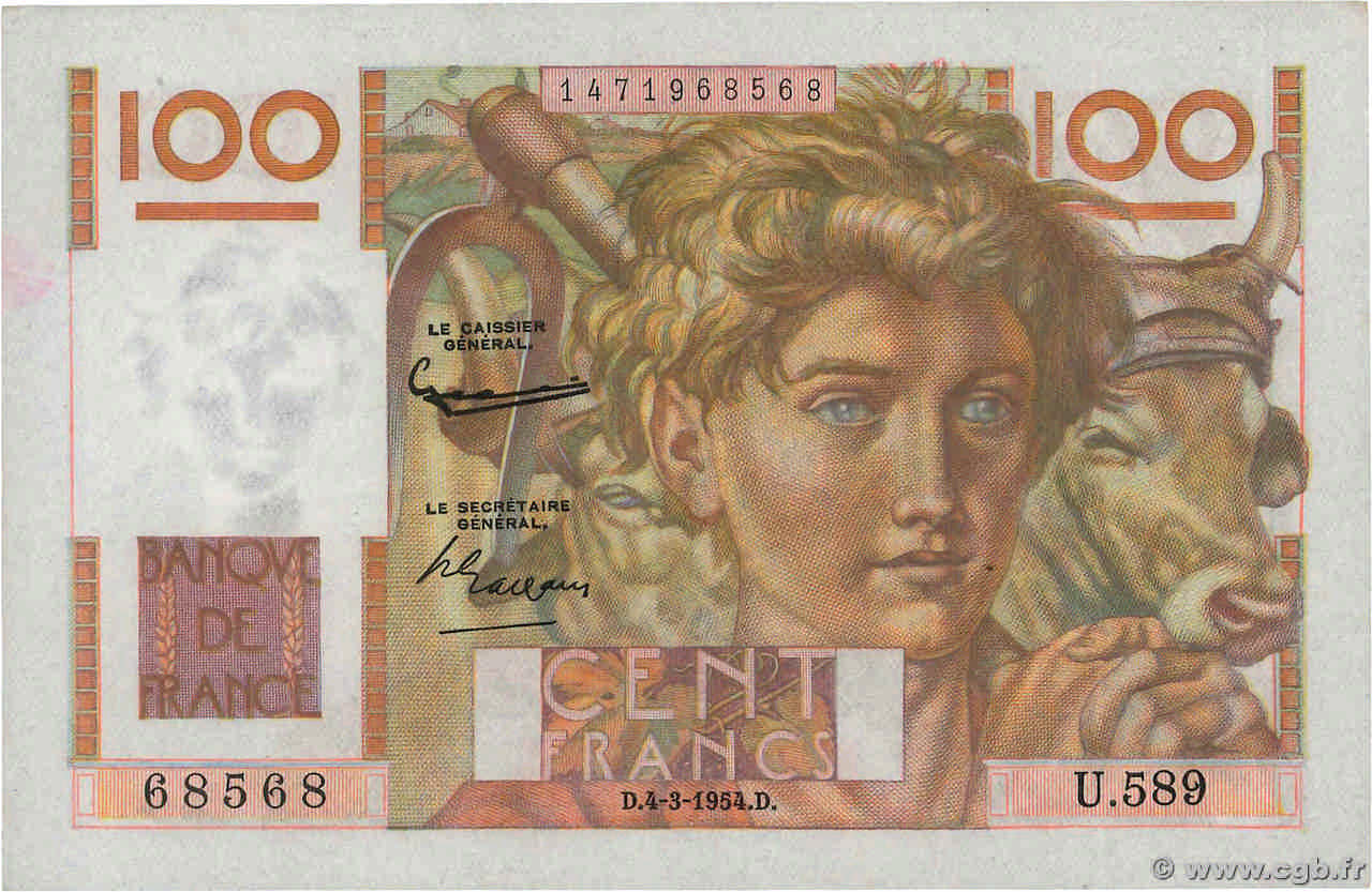 100 Francs JEUNE PAYSAN Numéro spécial FRANCIA  1954 F.28.42 q.AU