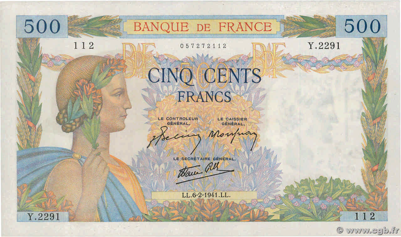 500 Francs LA PAIX FRANCE  1941 F.32.14 XF+