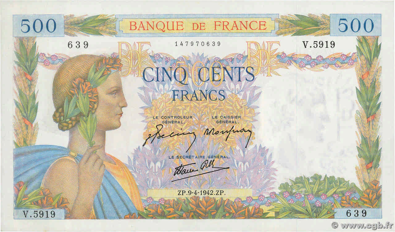 500 Francs LA PAIX FRANCE  1942 F.32.34 UNC