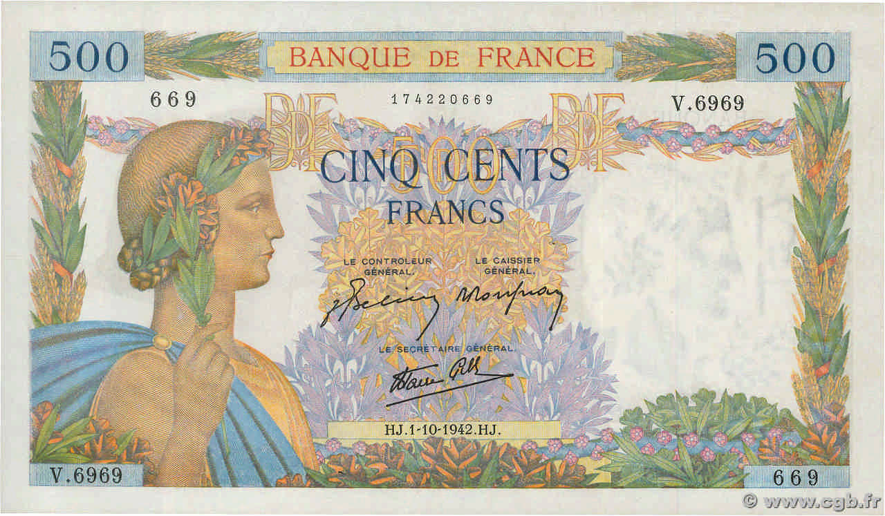 500 Francs LA PAIX Numéro spécial FRANCE  1942 F.32.41 UNC