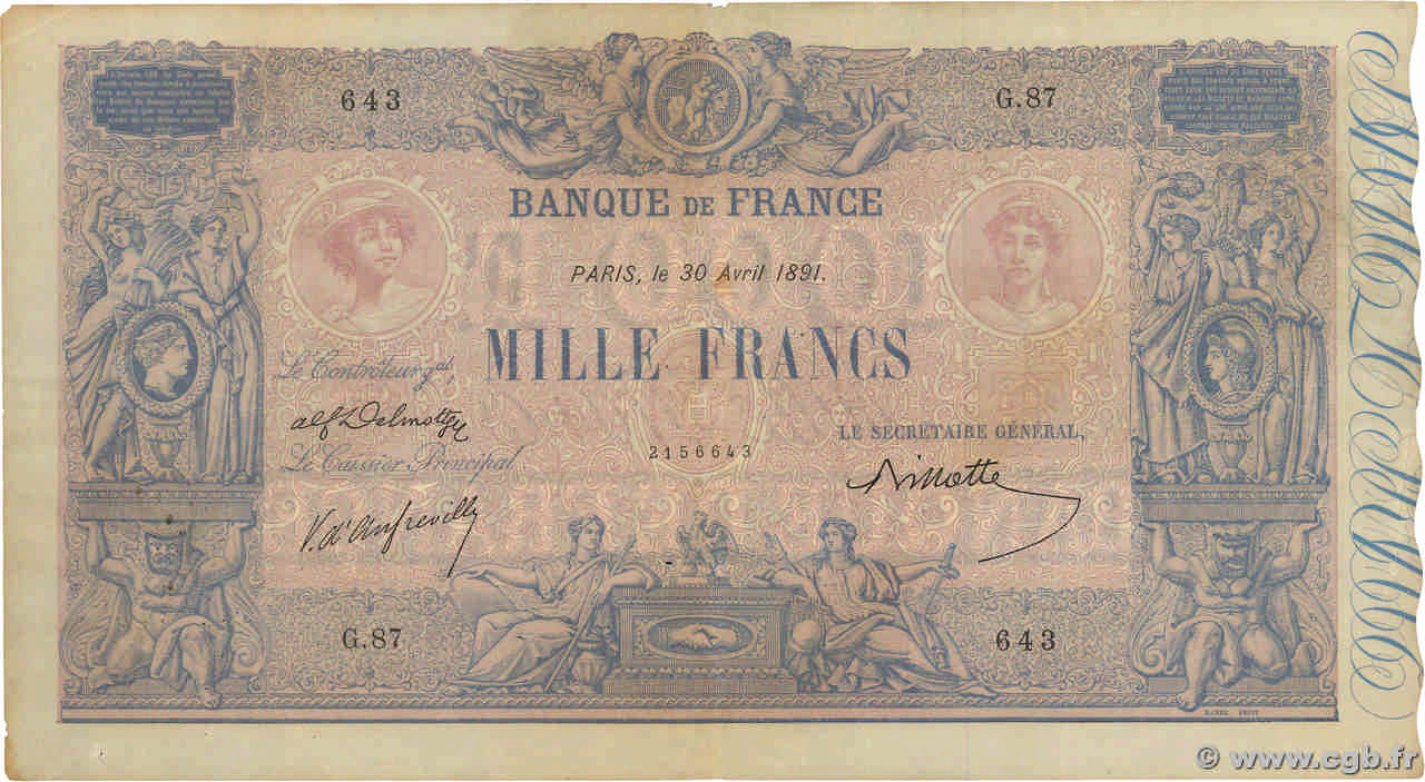 1000 Francs BLEU ET ROSE FRANCE  1891 F.36.03 VF-