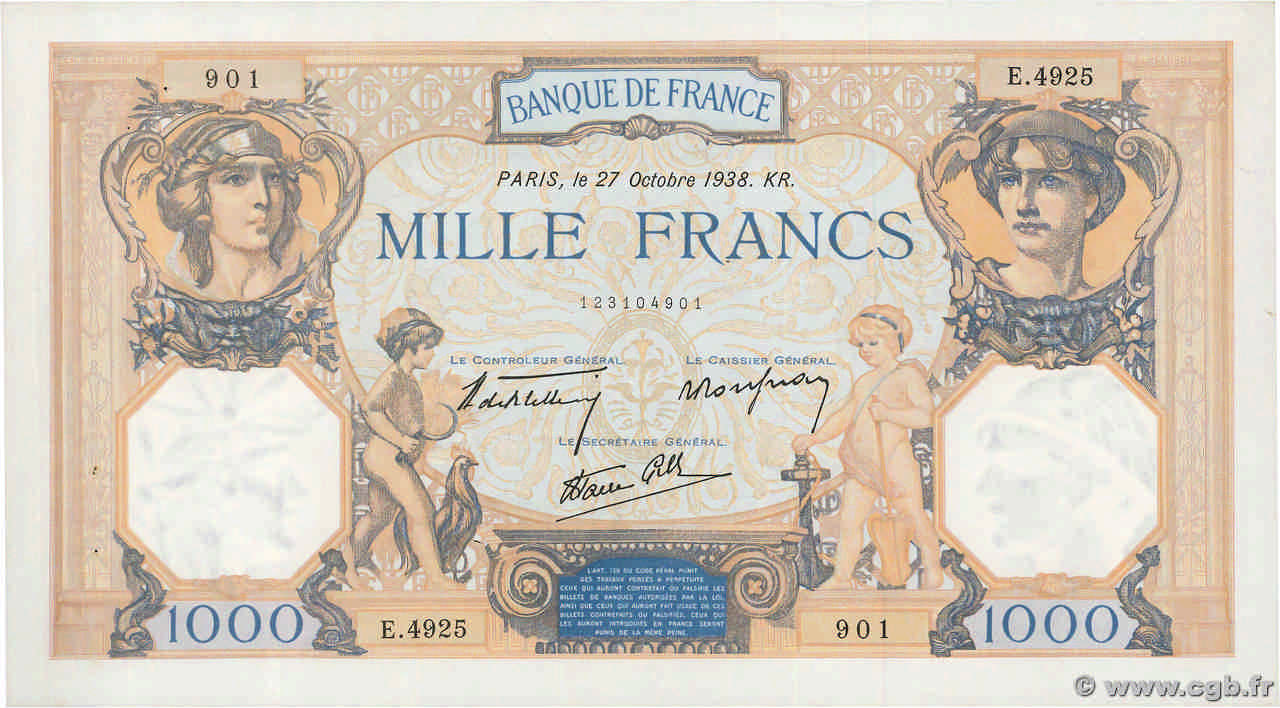1000 Francs CÉRÈS ET MERCURE type modifié FRANCIA  1938 F.38.31 SPL+