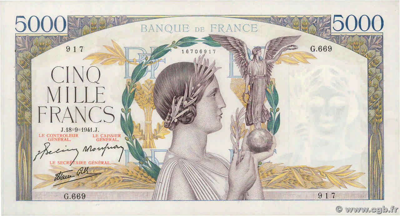 5000 Francs VICTOIRE Impression à plat FRANKREICH  1941 F.46.26 VZ+