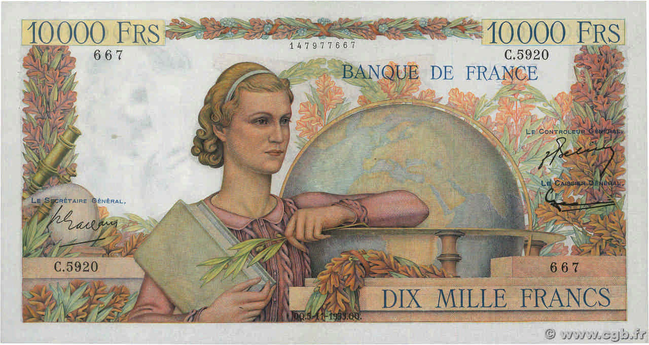 10000 Francs GÉNIE FRANÇAIS FRANKREICH  1953 F.50.68 VZ