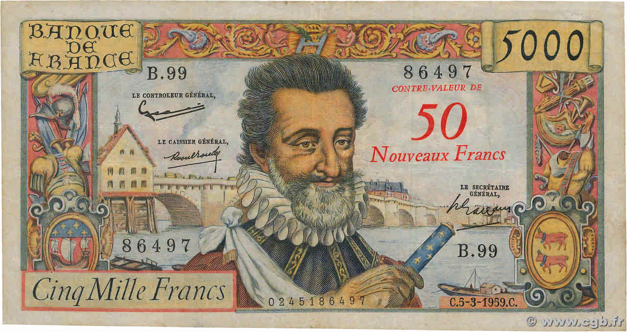 50 NF sur 5000 Francs HENRI IV FRANCIA  1959 F.54.02 BC