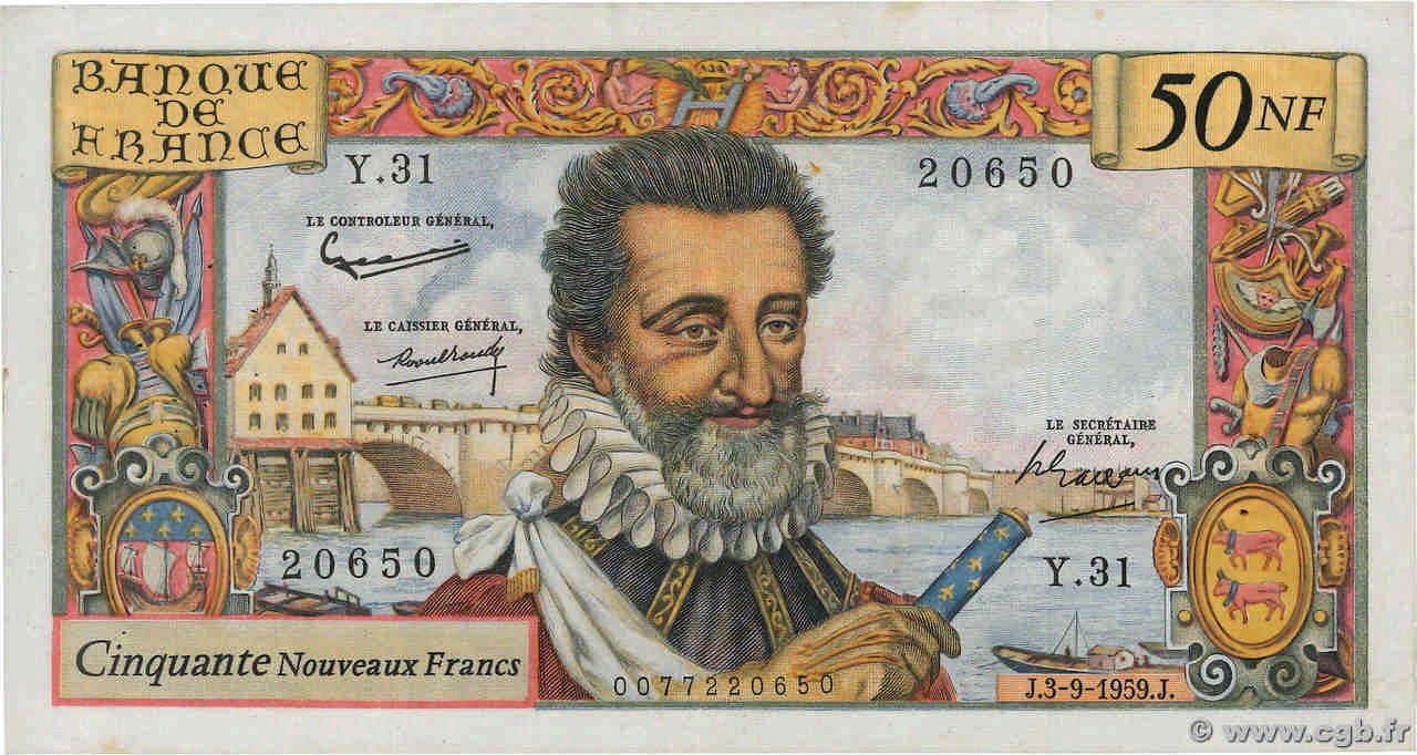 50 Nouveaux Francs HENRI IV FRANCE  1959 F.58.03 VF-