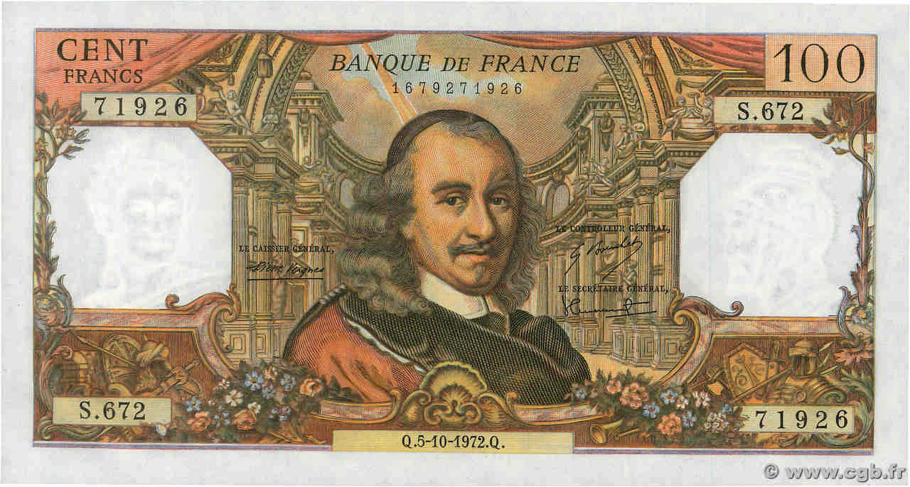 100 Francs CORNEILLE FRANCE  1972 F.65.40 UNC-