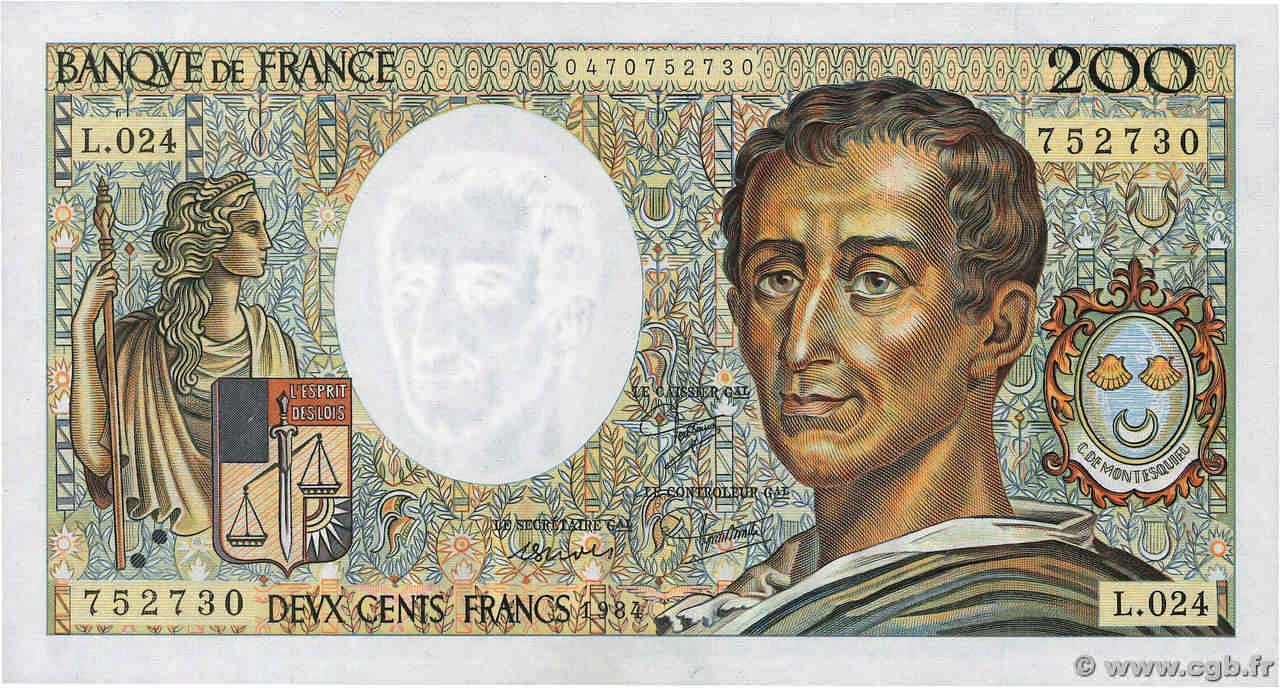 200 Francs MONTESQUIEU FRANCIA  1984 F.70.04 SC+
