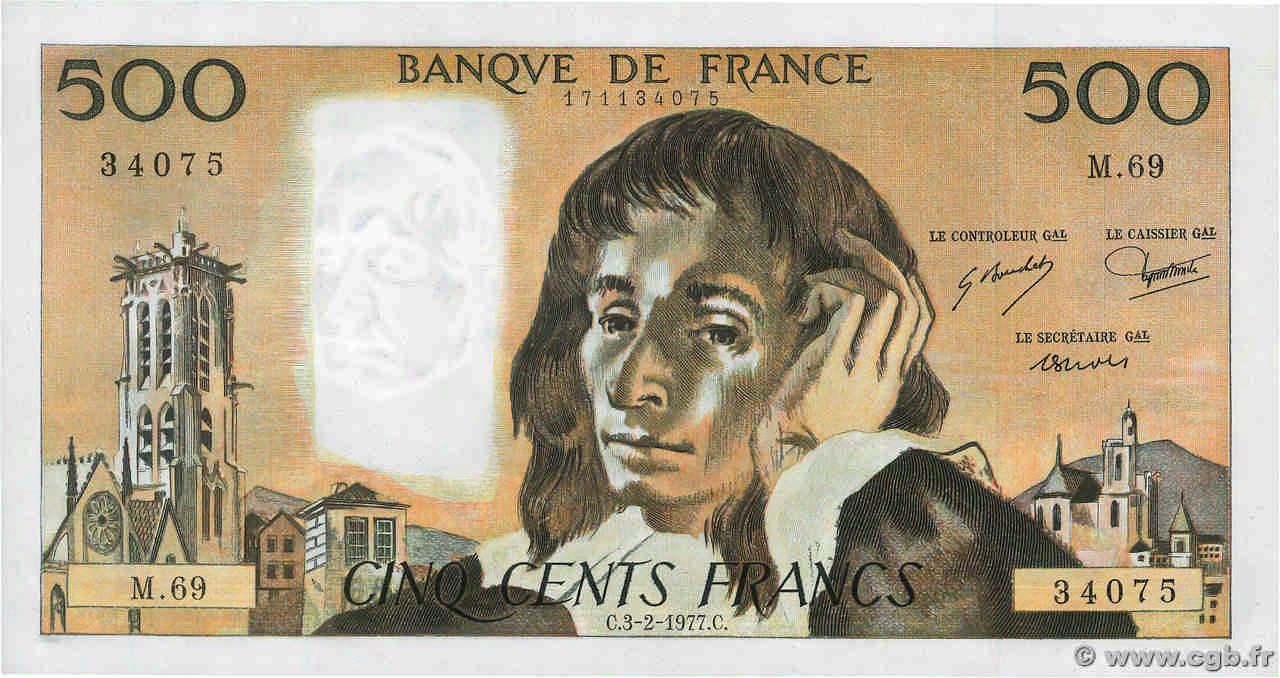 500 Francs PASCAL FRANKREICH  1977 F.71.16 fST+