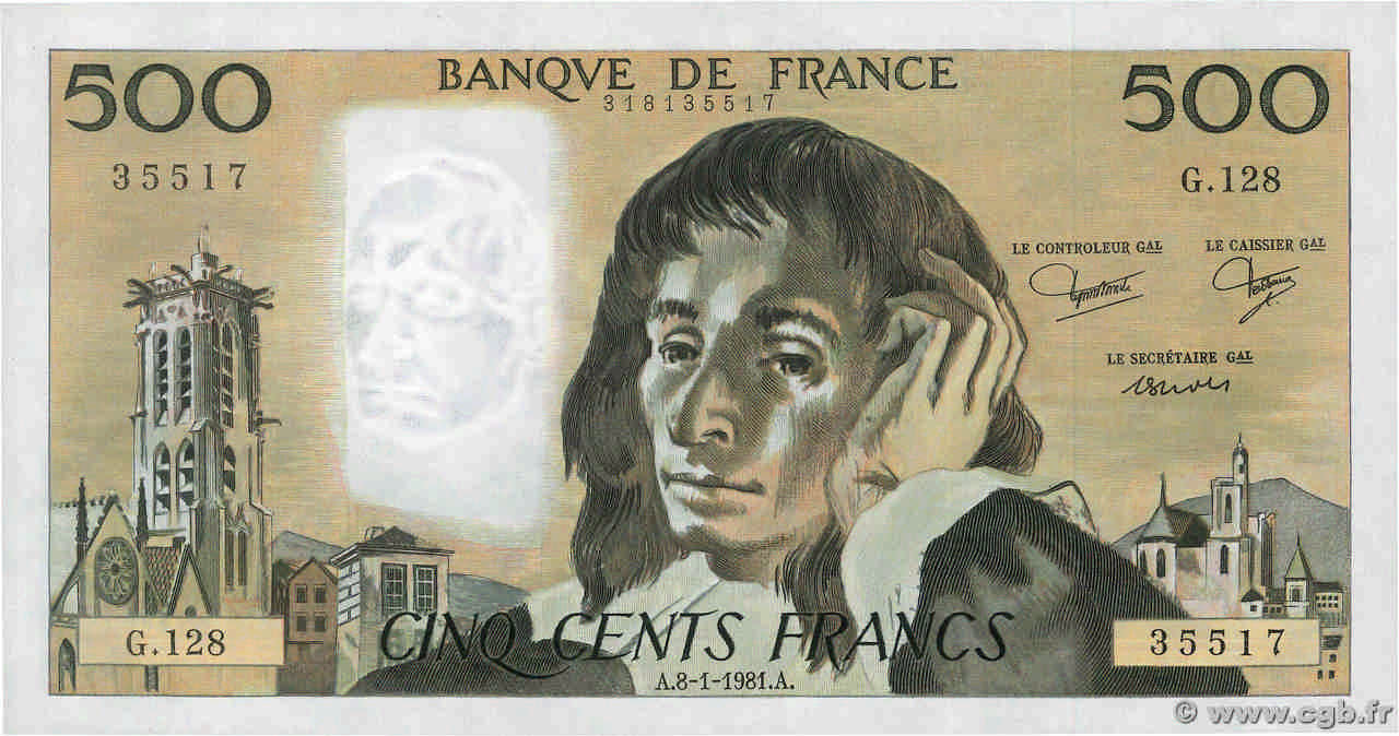 500 Francs PASCAL FRANCE  1981 F.71.23 UNC