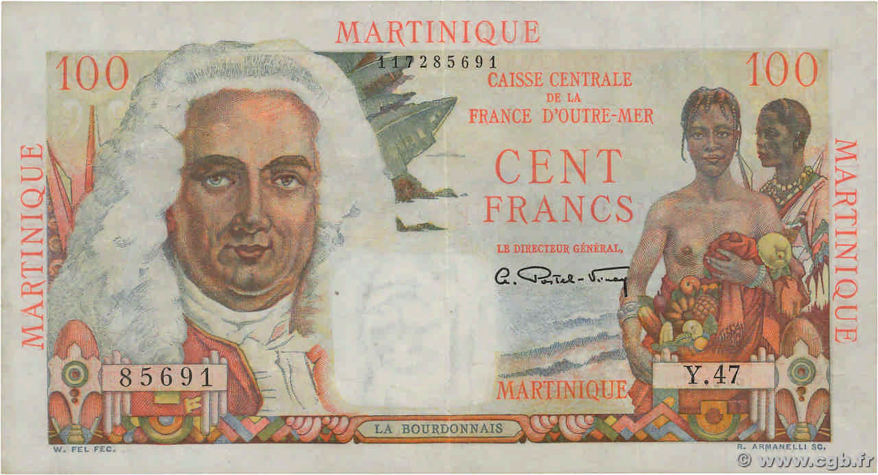 100 Francs La Bourdonnais MARTINIQUE  1946 P.31a MBC
