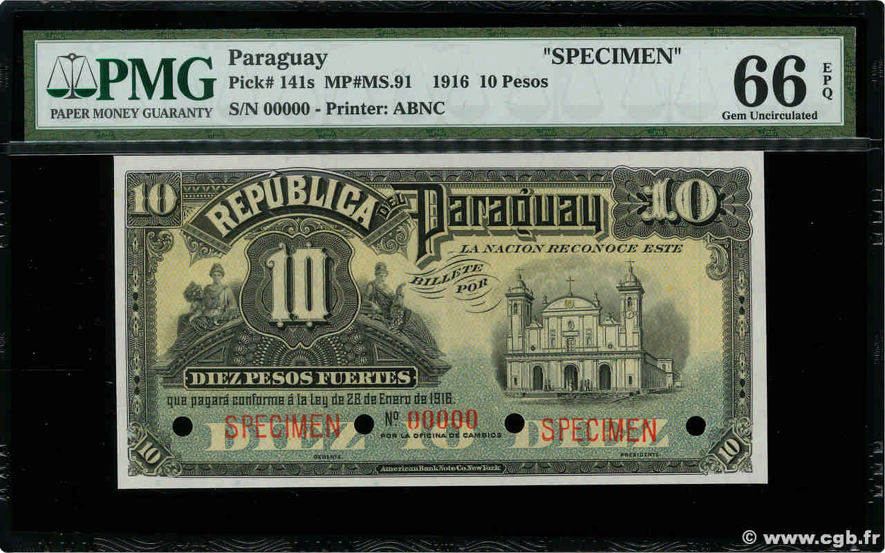 10 Pesos Fuertes Spécimen PARAGUAY Cambios 1916 P.141s NEUF