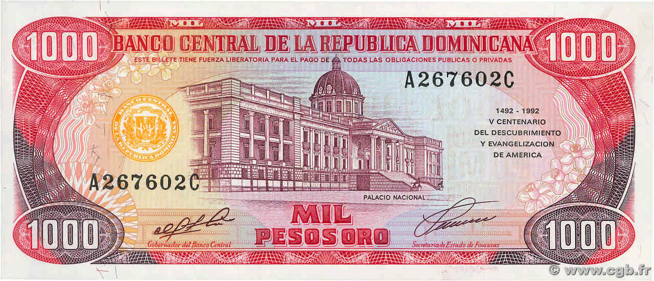 1000 Pesos Oro Commémoratif RÉPUBLIQUE DOMINICAINE  1992 P.142a fST+