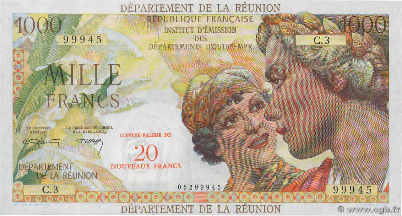 20 NF sur 1000 Francs REUNION  1971 P.55b AU+