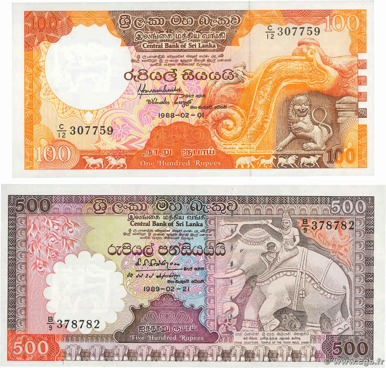 100 et 500 Rupees Lot SRI LANKA  1989 P.099b et P.100c pr.NEUF