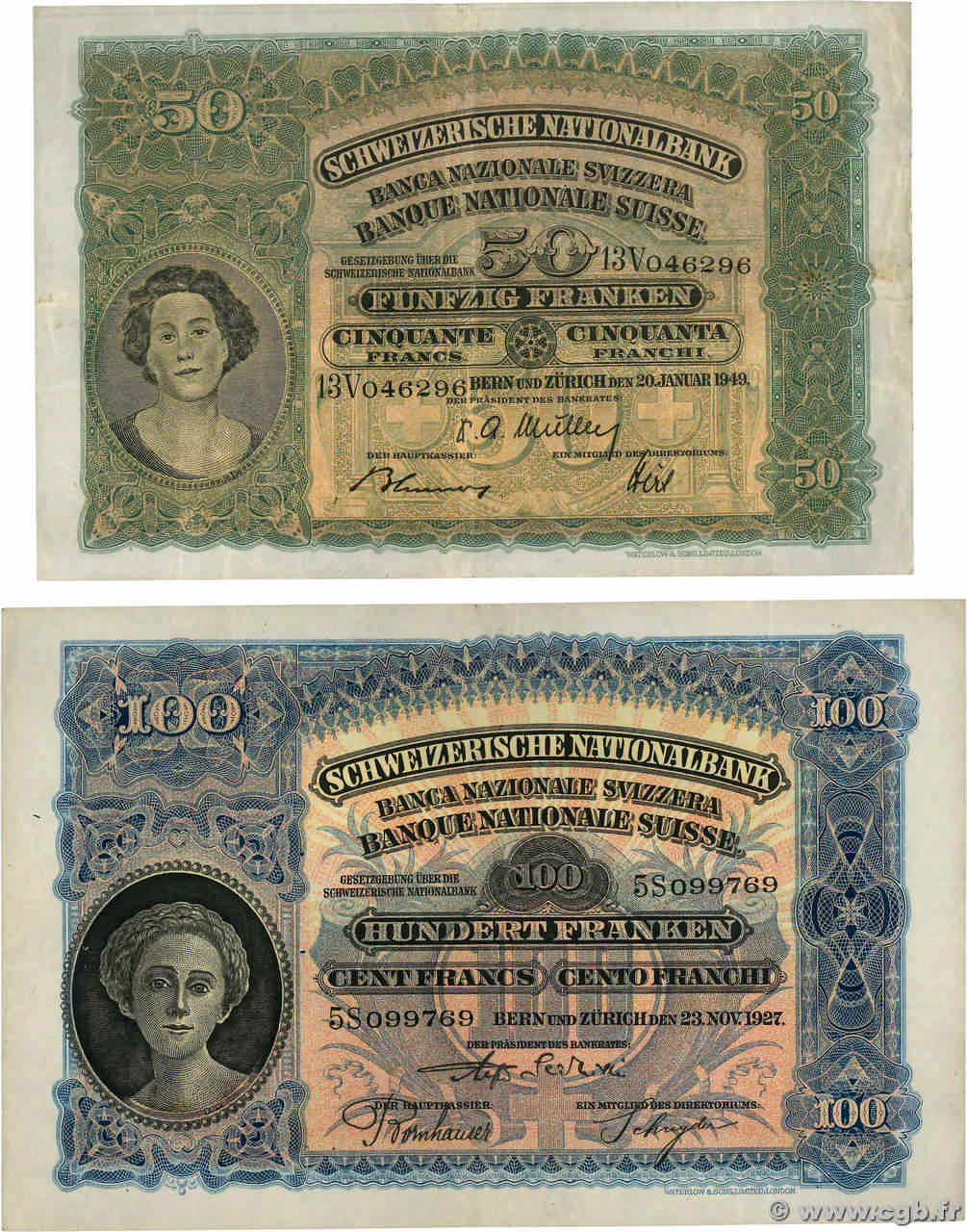 50 et 100 Francs Lot SUISSE  1927 P.34p et P.35d S to SS
